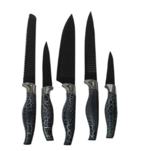 Non Stick Knife Set On A Wooden Stand-Black. Medium Each