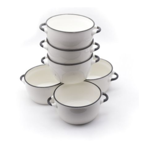  Soup Bowls With Black Handles - White Medium Each