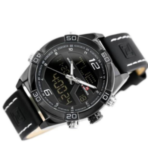 Naviforce Dual Designer Mens Watch Leather- Black 177g EACH