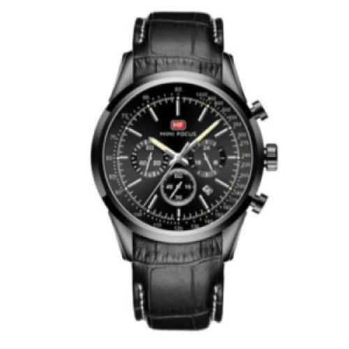Mini Focus Leather Strapped Dated Analog Mens Watch - Black 177g EACH