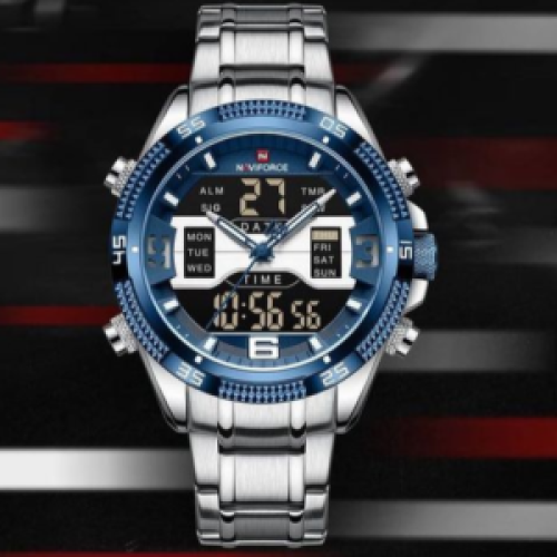 Naviforce Digital And Analog LED Display Watch _ Silver Blue 102g each
