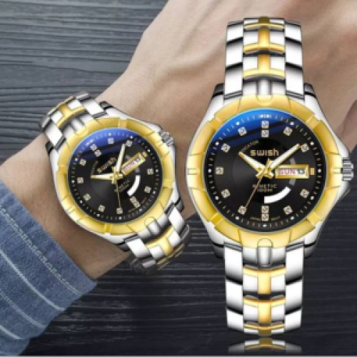 Swish Stainless Steel Day And Date Formal Watch Silver Gold 102g each