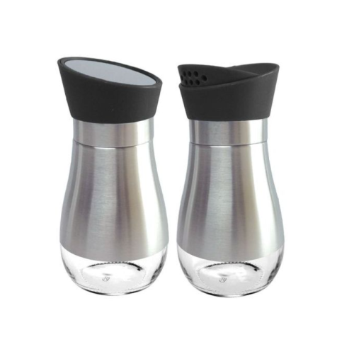 2 Pc Steel And Glass Pepper And Salt Shaker Set-Black Medium Each