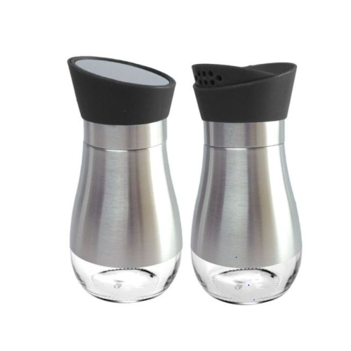 2 Pc Steel And Glass Rotating Pepper And Salt Shaker Set Black Medium Each