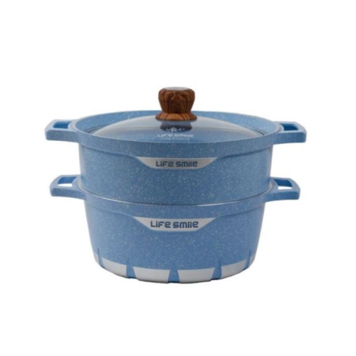 2 Pc Life Smile Granite Coated Soup Saucepan Pot And Steamer Blue Medium Each