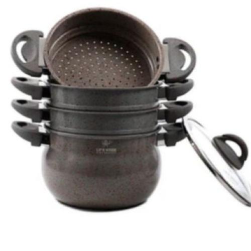 4 Layer Granite Coated Stockpot Couscoussier Steamer Saucepans - Brown. Medium Each