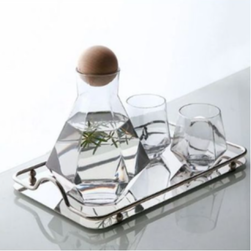 4 Water Glasses,1Jug With Wooden Stopper And A Tray, Colourless . Medium Each