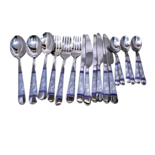 24 Piece Blue Flower Dinner Cutlery (Forks,Spoons And Knives) - Silver Medium Each