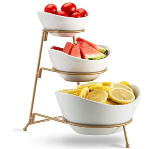 3 Tier Serving Bowls, DishesWith Gold Stand, Appetizers Party Server Set, White. Medium Each