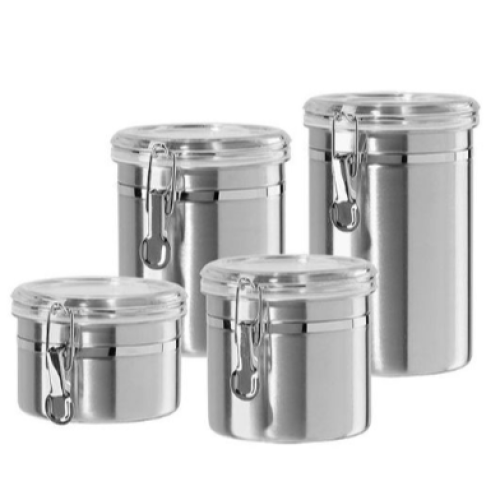 4-Piece Stainless Steel Canister Storage Tins With Acrylic Lid, Silver. Medium Each