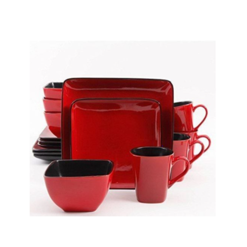 16 Piece Square Plates, Cups, Bowls Dinner Set - Red . Medium Each