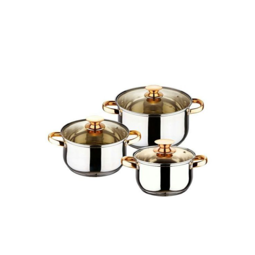 6 Pc Gold handles Stainless Steel Saucepans Cookware Pots- Silver Medium Each