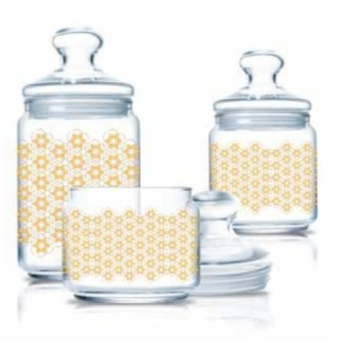3 Pc Golden Flower Maze Sugar Bowl, Food Storage Jar Container Set, Colourless. Medium Each