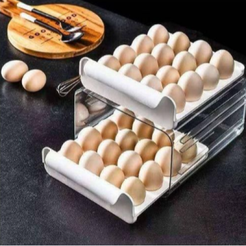 32 Eggs Tray Storage Box Double-deck Refrigerator Drawer, White Medium Each