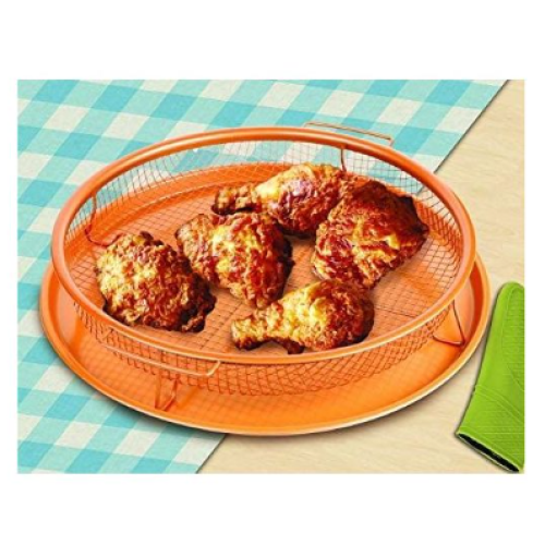 2-Pc Round Nonstick Oven Air Fryer Crisp Baking Pan/Tray & Mesh Basket, Copper. Medium Each