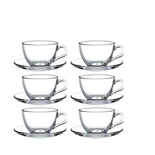 6 Pieces Of Glass Tea Coffee Cups Mugs And 6 Saucers -Colourless. Medium Each