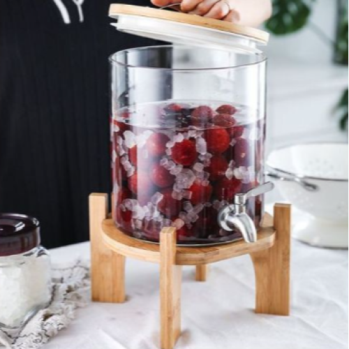 5 L Glass Drinks Dispenser Jar With Tap, Spigot, Lid And Wooden Stand for Hot or Cold Beverages- Clear. Medium Each