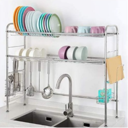 2 Tier Over The Sink Dish Drying Rack Nonslip Height Adjustable (Double Sink) Drainer, Silver. Medium Each