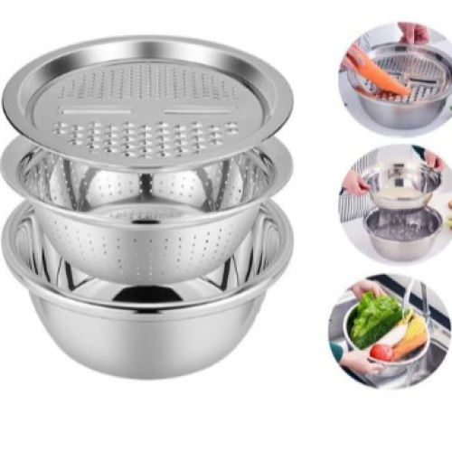 3 In1 Colander Basin, Grater Strainer & Rice Drain Basket Salad mixing Bowl, Silver. Medium Each