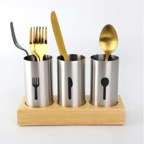 3- Pc Kitchen Countertop Fork, Spoon, Knife Cutlery Organizer Holder With Wood Base, Silver. Medium Each
