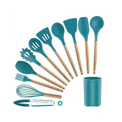 12 Piece Silicone Kitchen Tool Cooking Utensils Serving Spoons Set,Green. Medium Each