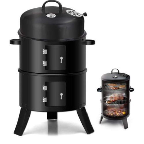 3-In-1 Charcoal Grill BBQ Smoker Barbecue Stove Oven With Thermometer, 3 Grates And 2 Doors- Black Medium Each