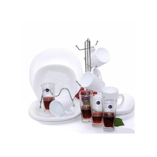 16 Piece Plain Design Plates, Cups, Glasses, Soup Bowls Dinner Set - White . Medium Each