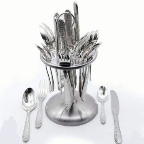 24 Pcs Plain Dinner Cutlery (Forks, Spoons& Knieves) With A Stand - Silver Medium Each