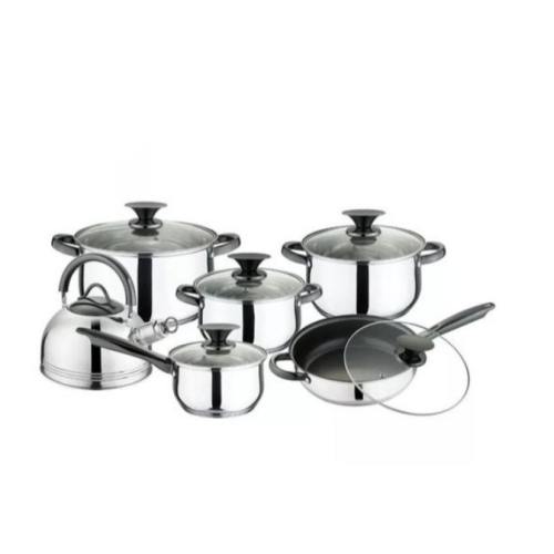 12 Pc Steel Pots Kettle Frying pan Saucepans Cookware, Silver, Black. Medium EACH