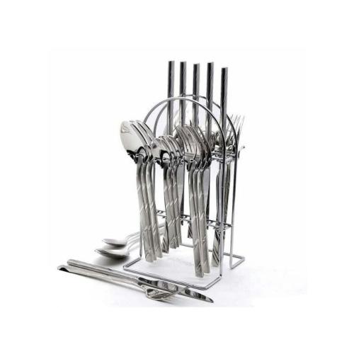 24 Pcs Self Design Dinner Cutlery (Forks, Spoons& Knieves) With A Stand - Silver Medium Each