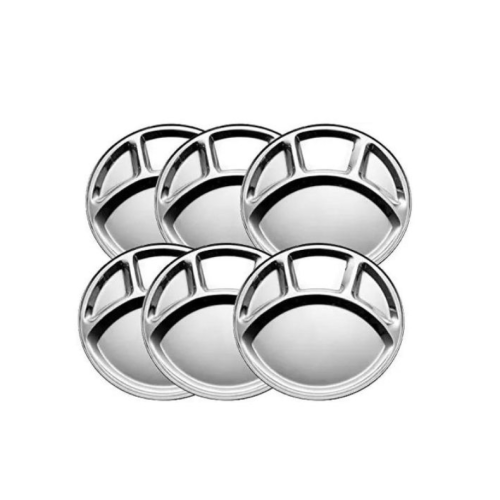 6 Pc Stainless Steel Round 4 In1 Component Dinner Plate Tray For Lunch- Silver. Medium Each