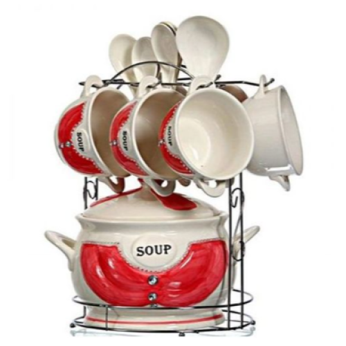 15-Piece Ceramic soup Bowls Cups Spoond Set On Stand- Multi-colour. Medium Each
