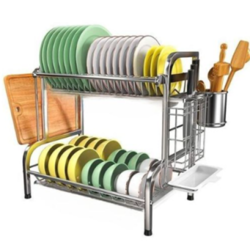 2 Tier Aluminum Plate Dish Drying Draining Rack Storage Organizer, Silver . Medium Each