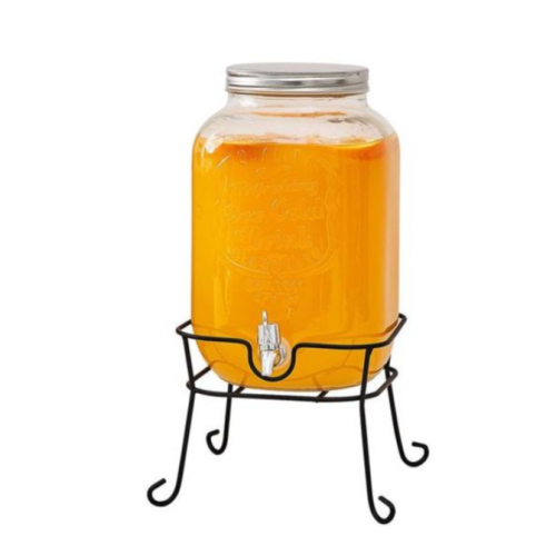 5L Glass Beverage Dispenser With Scroll Iron Stand, Stainless Steel Leak Free Spigot- Clear. Medium Each