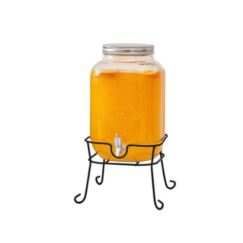 4L Glass Beverage Dispenser With Scroll Iron Stand, Stainless Steel Leak Free Spigot- Clear. Medium Each