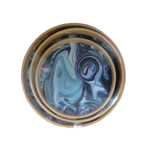 3 Piece Round Heavy Marble Bamboo Wooden ServingTrays- Brown . Medium Each