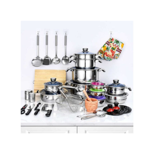 50pcs Stainless Steel Cookware Sets Cooking Frying Pans Pots Saucepan Nonstick- Silver Medium Each