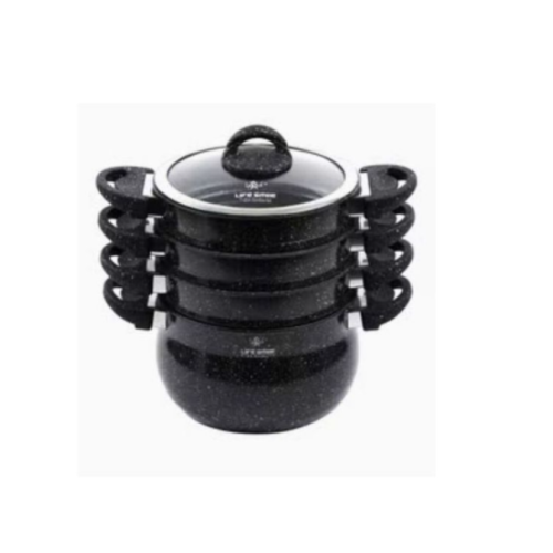 4 Layer Granite Coated Stockpot Couscoussier Steamer Saucepans - Black. Medium Each