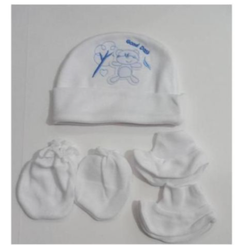 A Set of Baby Cap Mittens Socks - White Multiple Designs SMALL Each