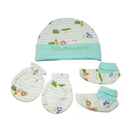 Baby 1 Cap Pair Of Mittens & Pair Of Socks - Green SMALL Each
