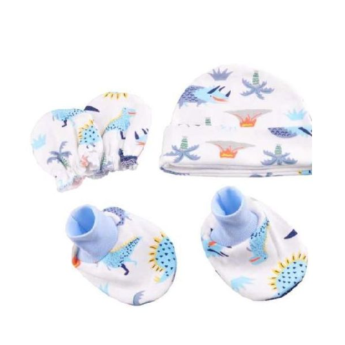 Baby Cotton Cap, Mitten & Booties Set - Blue Multiple Designs SMALL Each