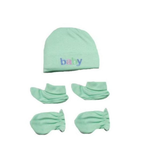 Baby Cotton 1Cap Pair Of Socks Pair Of Mittens - Green SMALL Each