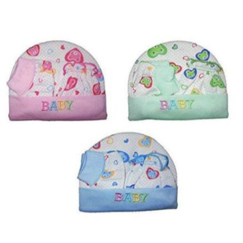 3Pcs Baby Cotton Cap, Mitten & Booties Set -Multiple Designs SMALL Each