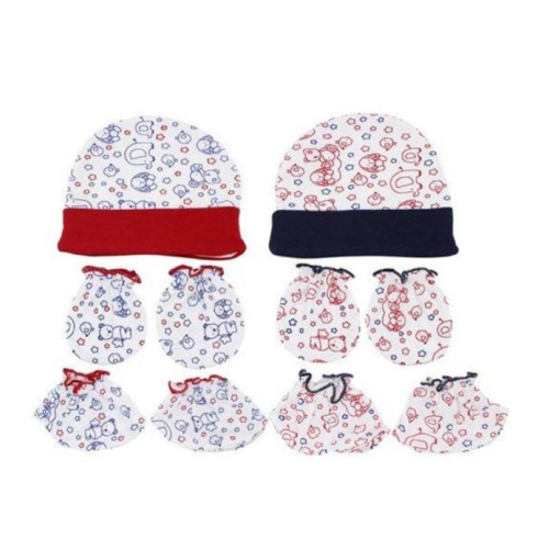 2Pcs Baby Cotton Cap, Mitten & Booties Set - Multiple Designs SMALL Each