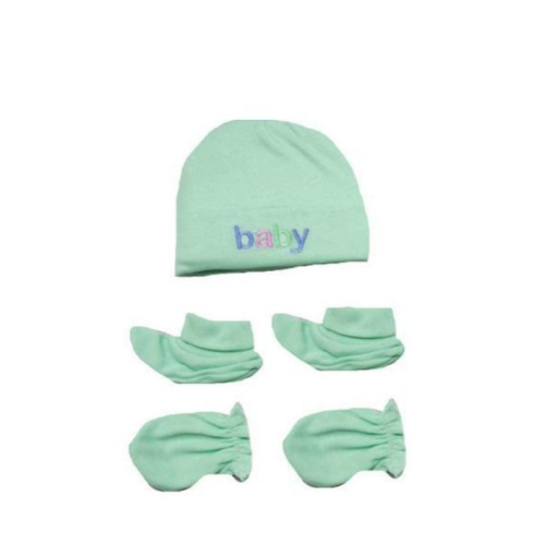 Baby 1 Cap Pair Of Mittens and Pair Of Socks - Green SMALL Each