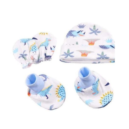 Baby Cotton Cap,Mitten and Booties Set - Blue Multiple Designs SMALL Each