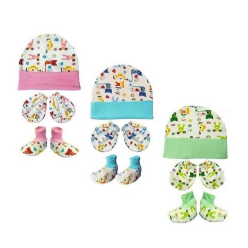 3Pcs Baby Cotton Cap, Mitten and Booties Set -Multiple Design SMALL Each